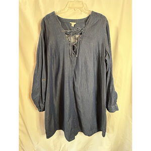 Cato’s Plus 22/24W Knee Length Denim Dress, Lace Front, Roll Tab Sleeves EUC